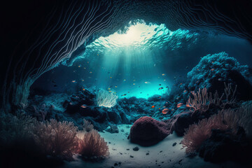 Fototapeta na wymiar Bioluminescence fantasy underwater cave with light rays - Generative AI 