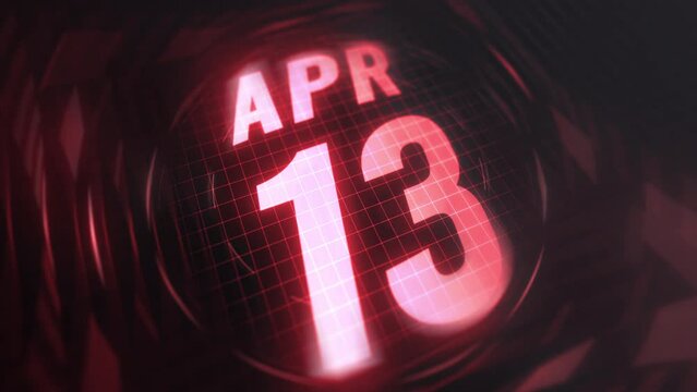 13 April in 3d motion graphic. Infrared calendar in futuristic and tech glowing neon for takes, commemoratives in led and etc. 4k in loop