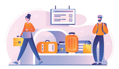 Baggage screening concept. Man and woman with bags and briefcases, luggage at airport. Travel and adventure, tourists after plane. Summer vacation and holiday. Cartoon flat vector illustration
