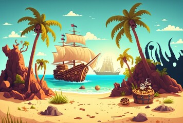 cartoon illustration, pirate ship on a tropical island, generative AI