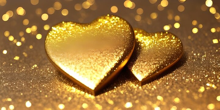 Two gold hearts on a shiny surface with gold glitters, made with generative ai