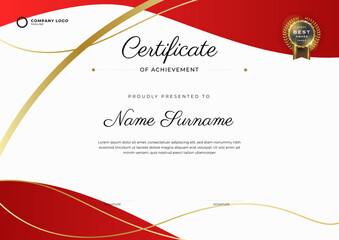 Red and gold Certificate of Achievement template. Background with gold badge and border. Award diploma design blank.