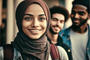 Smiling middle eastern students looking at the camera male and female. Generative AI - obrazy, fototapety, plakaty