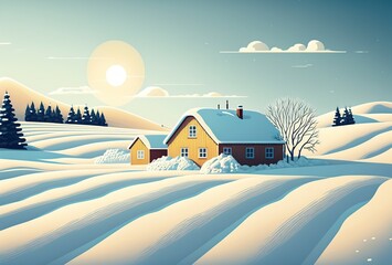 illustration cartoon,snowy country house in winter,generative ,AI