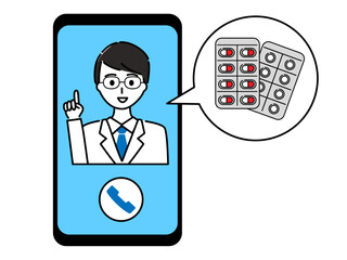 白衣を着た若い男性医師がスマホのオンライン診療で薬を処方している