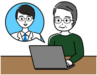 Fototapeta premium 高齢男性がパソコンで若い医師とオンライン診療をしている