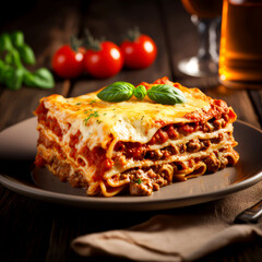 homemade italian lasagna on plate with tomatoes on blurry background, generative ai - obrazy, fototapety, plakaty