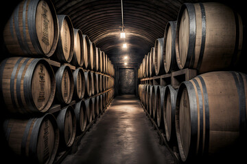 Storage cellar with barrels for wine or whisky bottles. Generation AI
