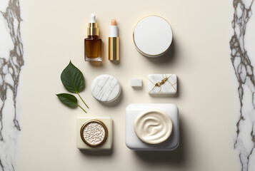 Beauty and Skincare Flat Lay on Marble Background