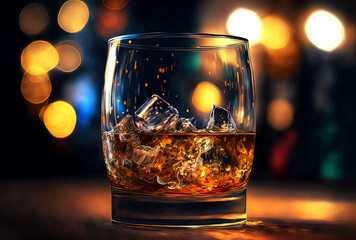 glass of whiskey with bokeh background, generative ai
