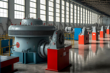 Industrial interior of hydroelectric power station with electric generators. Generation AI