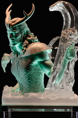 Ice sculptures, statues of cold winter, lighted by led, horizontal landscape of nature and living creatures, people, handmadelike art of frozen water, dark, relation, icemirror statues, Generative AI