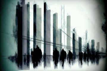 AI-generated abstract illustration of a cityscape, including silhouettes of people. MidJourney.