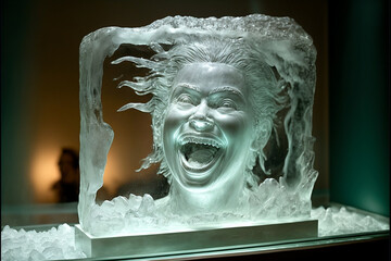 Ice sculptures, statues of cold winter, lighted by led, horizontal landscape of nature and living creatures, people, handmadelike art of frozen water, dark, relation, icemirror statues, Generative AI