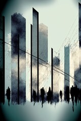 AI-generated abstract illustration of a cityscape, including silhouettes of people. MidJourney.