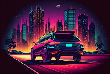 Fototapeta na wymiar cartoon illustration, car driving through the city at night, generative AI