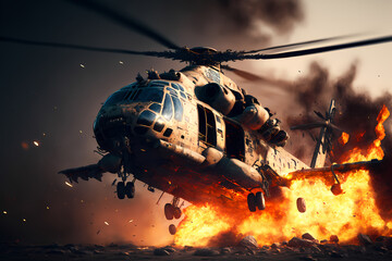 Burning falling military helicopter. War accident Air Crash. Generation AI