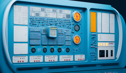 Electrical station, Central control panel of nuclear power plant reactor, blue color. Generation AI