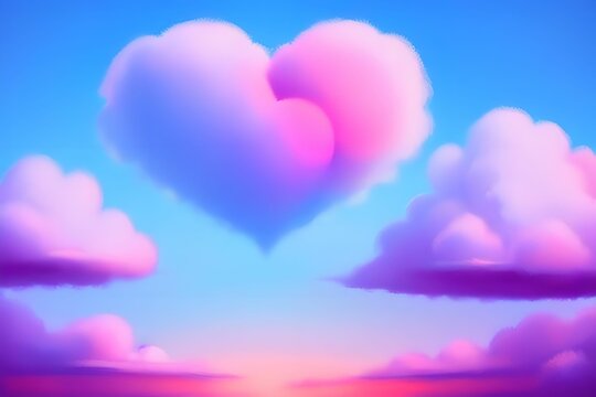 Fluffy heart shaped cloud floating in the sky, surrounded by pink clouds on a blue sky background, made with generative ai