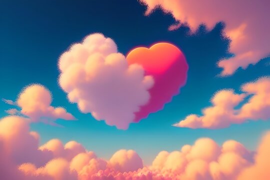 Abstract Heart Shaped Cloud with beautiful colors created by the reflection of the sunlight, made with generative ai