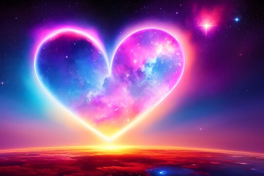 Colorful Heart Shaped Nebule floating in space above the surface of a planet, made with generative ai
