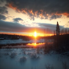 Fototapeta na wymiar Winter sunset over a lake and forest, Generative AI