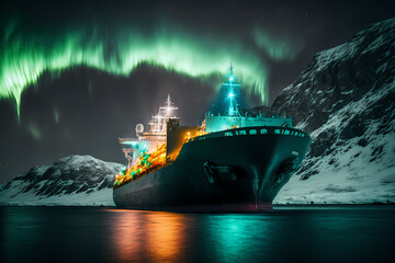 Icebreaking vessel ship in Arctic with background of northern lights or Aurora borealis. Generation AI