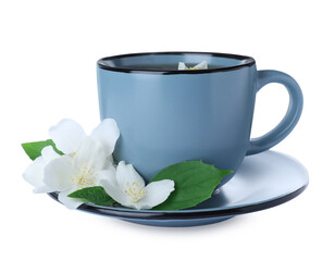 Cup of tea and fresh jasmine flowers isolated on white