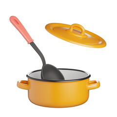 Plastic kitchen soup ladle inside an open pot with lid isolated on white. 3D render