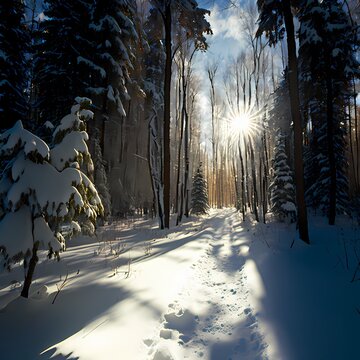 Winter in the forest as the sunlight shines through the trees.