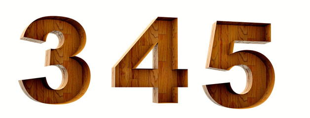 Wood alphabet. Box wood open. Numbers 3, 4, 5 in 3D Render wood.