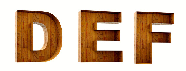 Wood alphabet. Box wood open. Letters D, E, F in 3D Render wood.