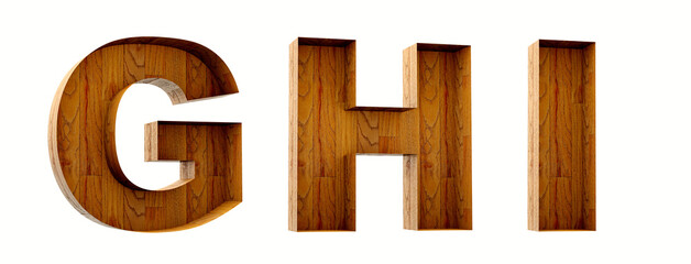 Fototapeta premium Wood alphabet. Box wood open. Letters G, H, I in 3D Render wood.