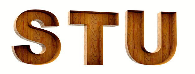 Wood alphabet. Box wood open. Letters S, T, U, in 3D Render wood.