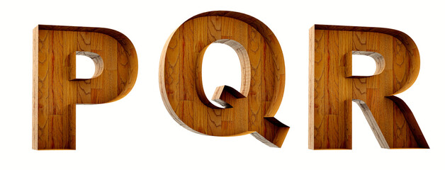 Wood alphabet. Box wood open. Letters P, Q, R in 3D Render wood.
