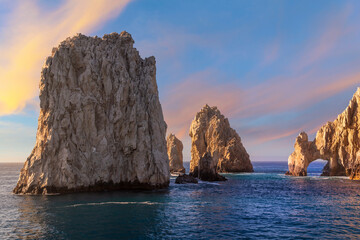 The El Arco Arch and the Friars Rock at the Land's End rock formations at twilight on the Baja Peninsula, at Cabo San Lucas, Mexico.