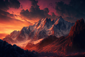 Naklejka premium Majestic mountain range at sunset with a dramatic sky, mountain, sky, landscape, sunset, mountains, nature, cloud, snow, sunrise, clouds, view, travel, peak, sun, hill, panorama, alps, rock, valley, 