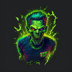 neon colors zombie illustration, t-shirt print, generative AI