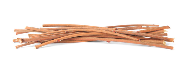 Many dry tree twigs on white background