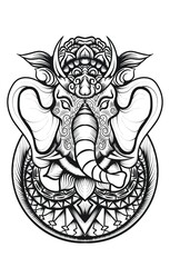 elephant illustration engraving with ornament for color book