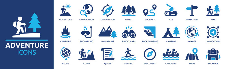Adventure icon set. Containing hike, campfire, snorkeling, climbing, travel and canoeing icons. Outdoor activity concept. Solid icon collection. - obrazy, fototapety, plakaty