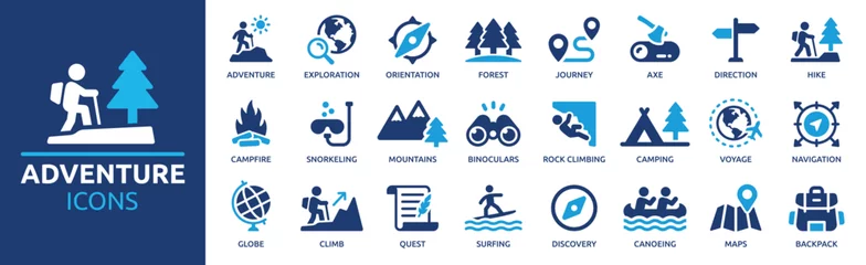Foto op Canvas Adventure icon set. Containing hike, campfire, snorkeling, climbing, travel and canoeing icons. Outdoor activity concept. Solid icon collection. © Icons-Studio