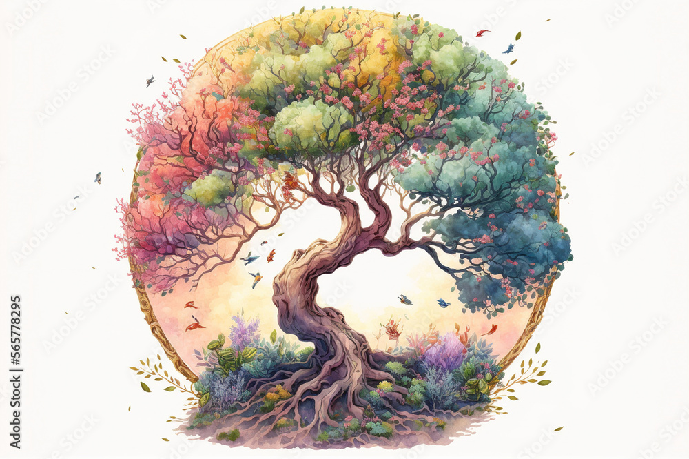 Aufkleber the tree of life in colorful spring watercolor painting style . sublime generative ai image .