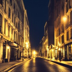 Dark Old City Street at Night in Black and White Lite by Street Lights, Quiet with No People 