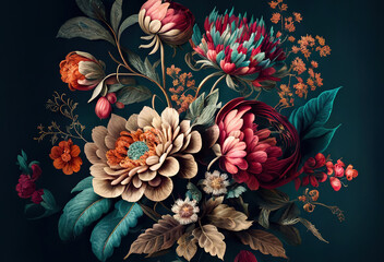 Antique fantasy floral wallpaper, digital vintage flower designs for backgrounds