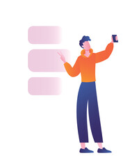 Man with smartphone concept. Young guy takes selfie on phone on background of speech bubbles. Modern technologies and digital world. Promotion in social networks. Cartoon flat vector illustration