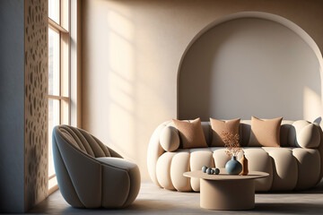 Minimalistic modern interior in beige monochrome tones. A cozy couch, armchair, a lamp and a coffee table with a vase. Generative AI. - obrazy, fototapety, plakaty