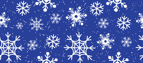 Christmas seamless pattern. Repeating design element for printing on fabric. Snowflakes on blue background, winter holidays and festivals, New Year, snow. Cartoon flat vector illustration