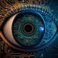 Close-Up of a Blue Eye Camera Lens on a Circuit Board with Surrounding Microchips