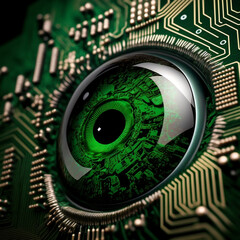 Close-Up of a Green Eye Camera Lens on a Circuit Board with Surrounding Microchips